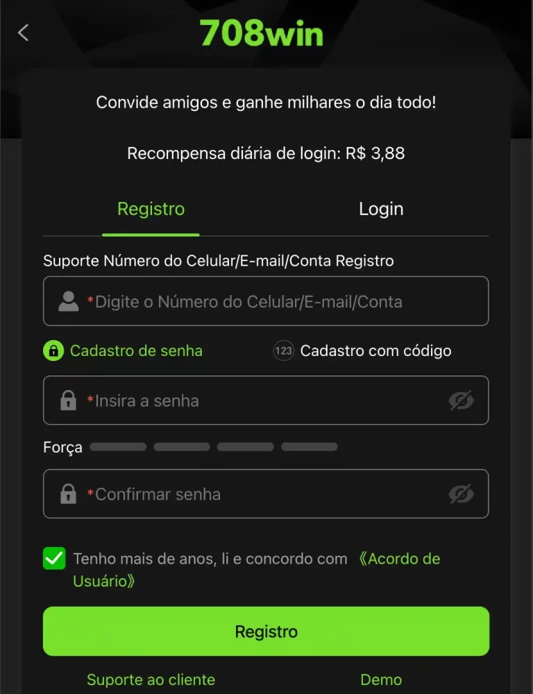 Registro rápido na plataforma 708win